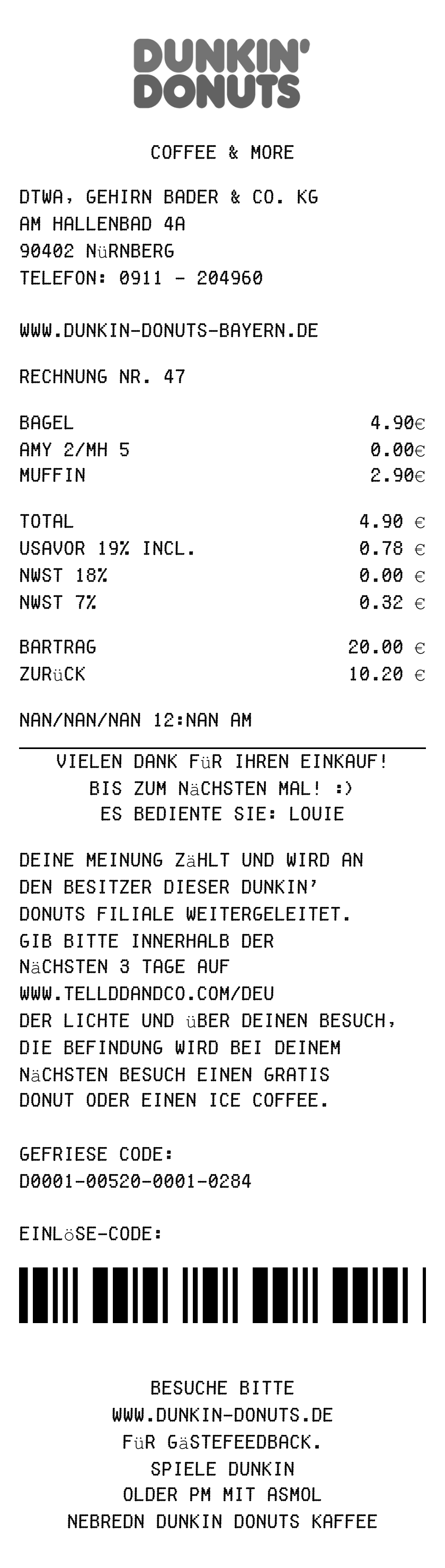Editable Dunkin Donuts Receipt template preview, free receipt generator