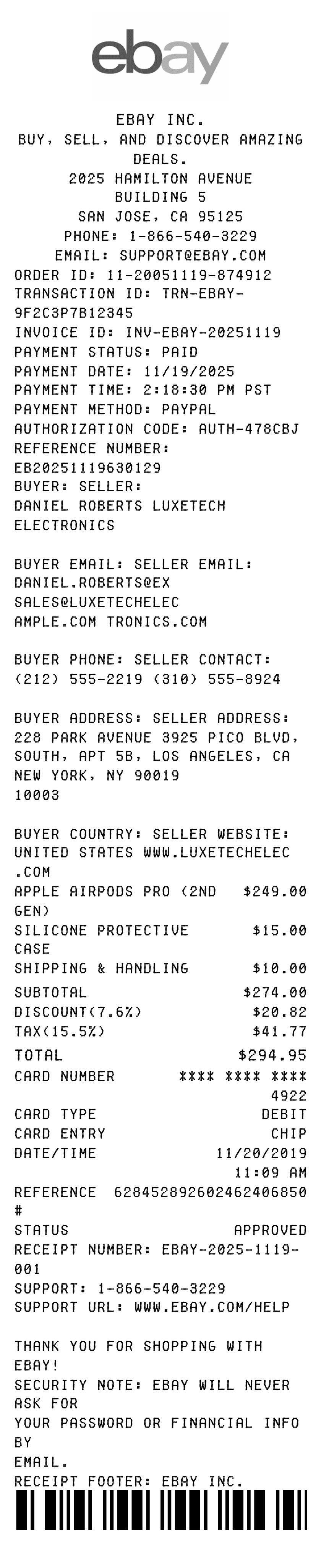 Editable eBay Receipt template preview, free receipt generator