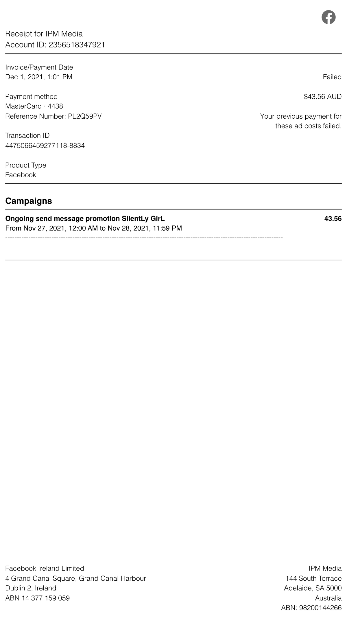 Editable Facebook Ads Receipt template preview, free receipt generator