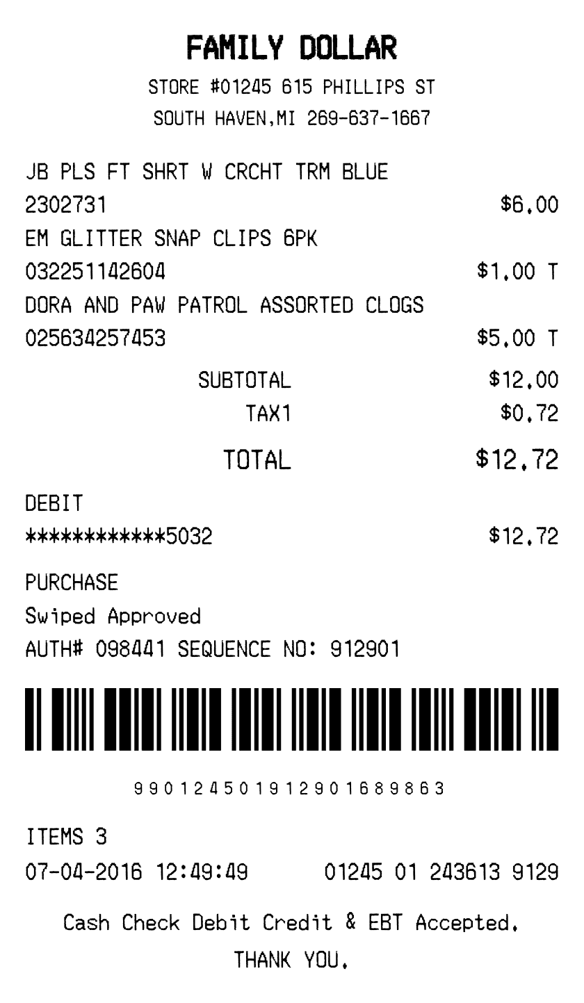 Editable Family Dollar Receipt template preview, free receipt generator