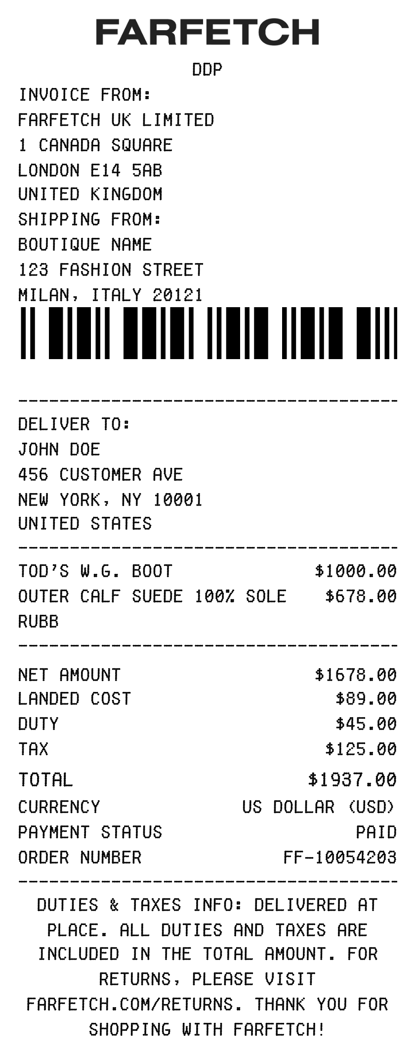 Editable Farfetch Receipt template preview, free receipt generator
