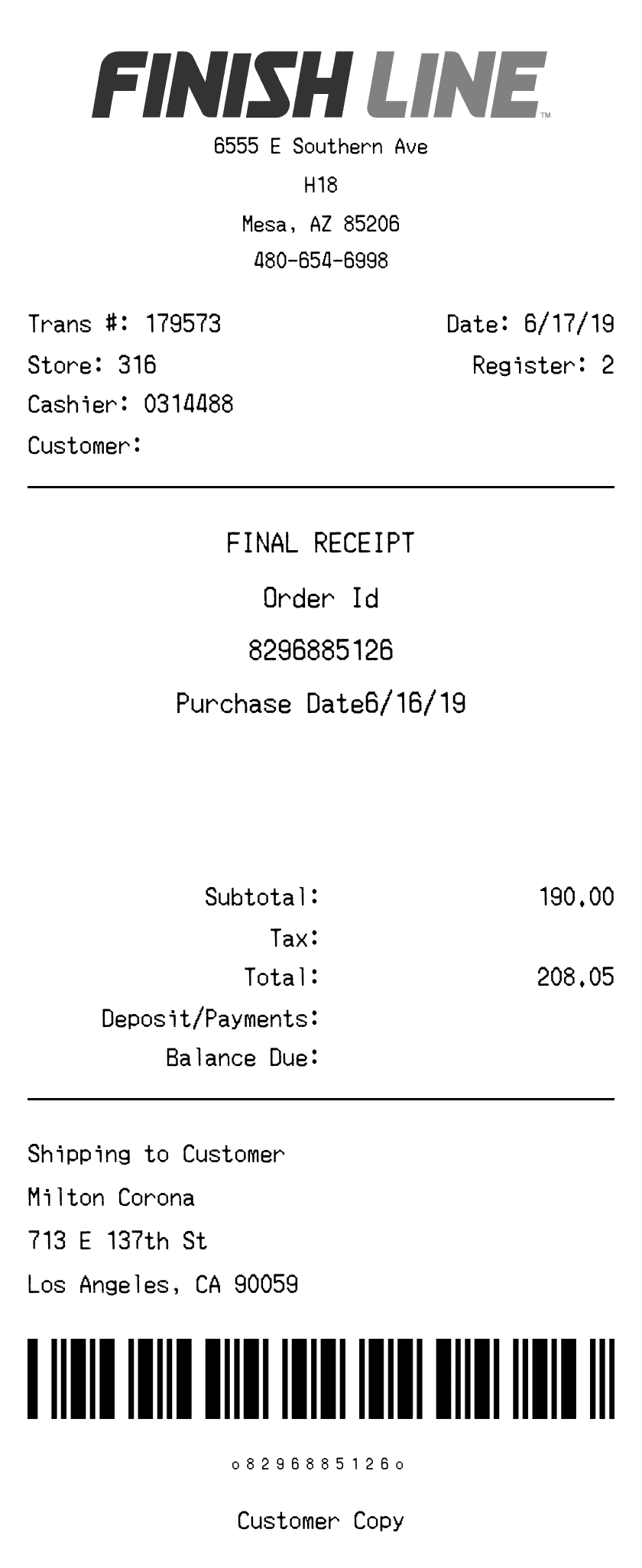 Editable Finish Line Receipt template preview, free receipt generator