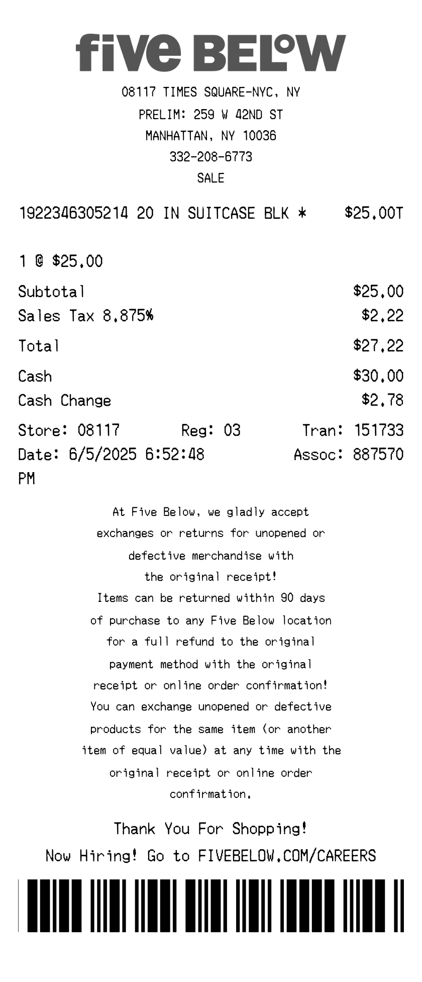 Editable Five Below Receipt template preview, free receipt generator