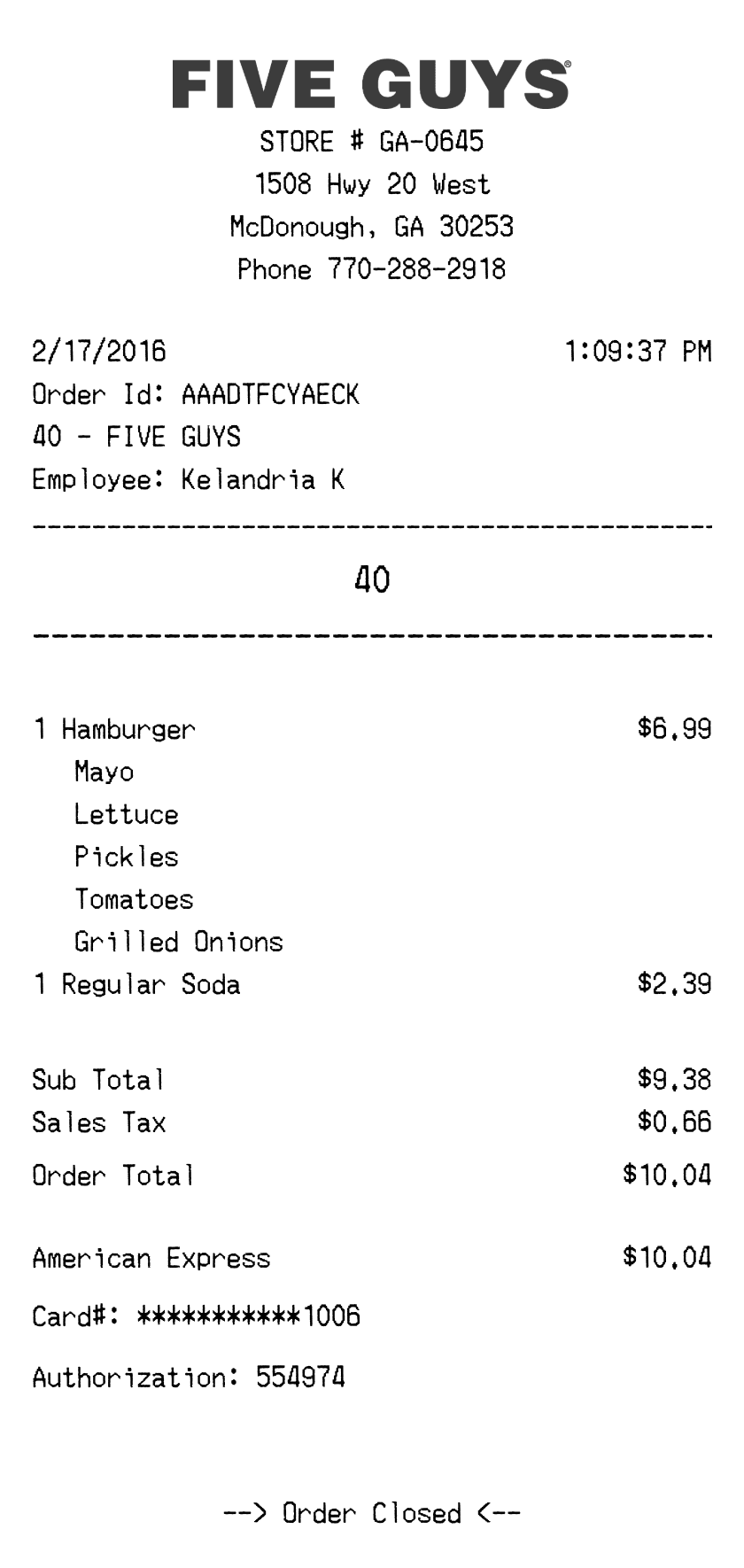 Editable Five Guys Receipt template preview, free receipt generator
