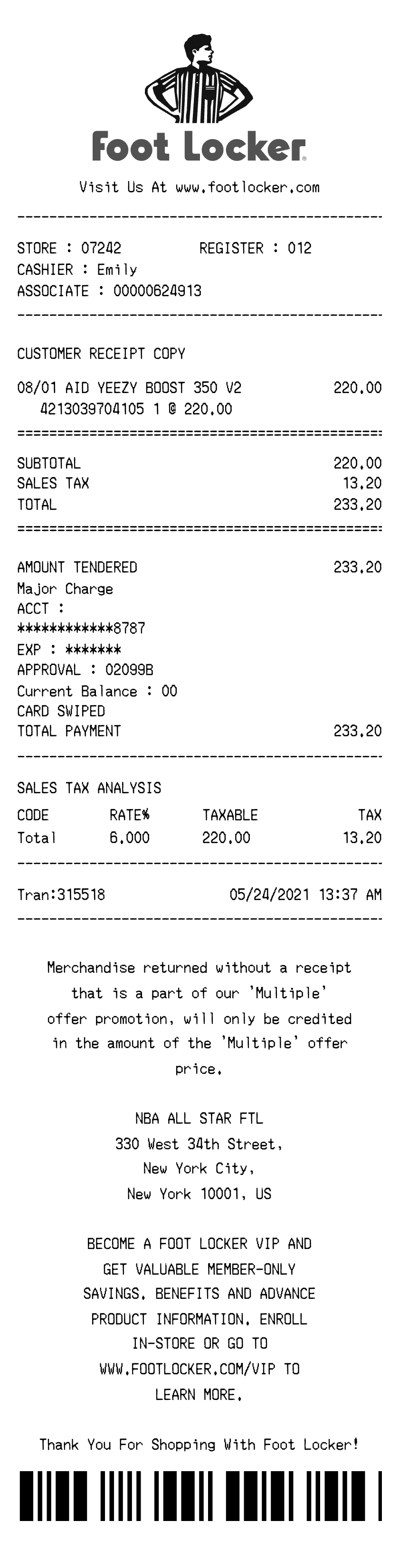 Editable Foot Locker Receipt template preview, free receipt generator