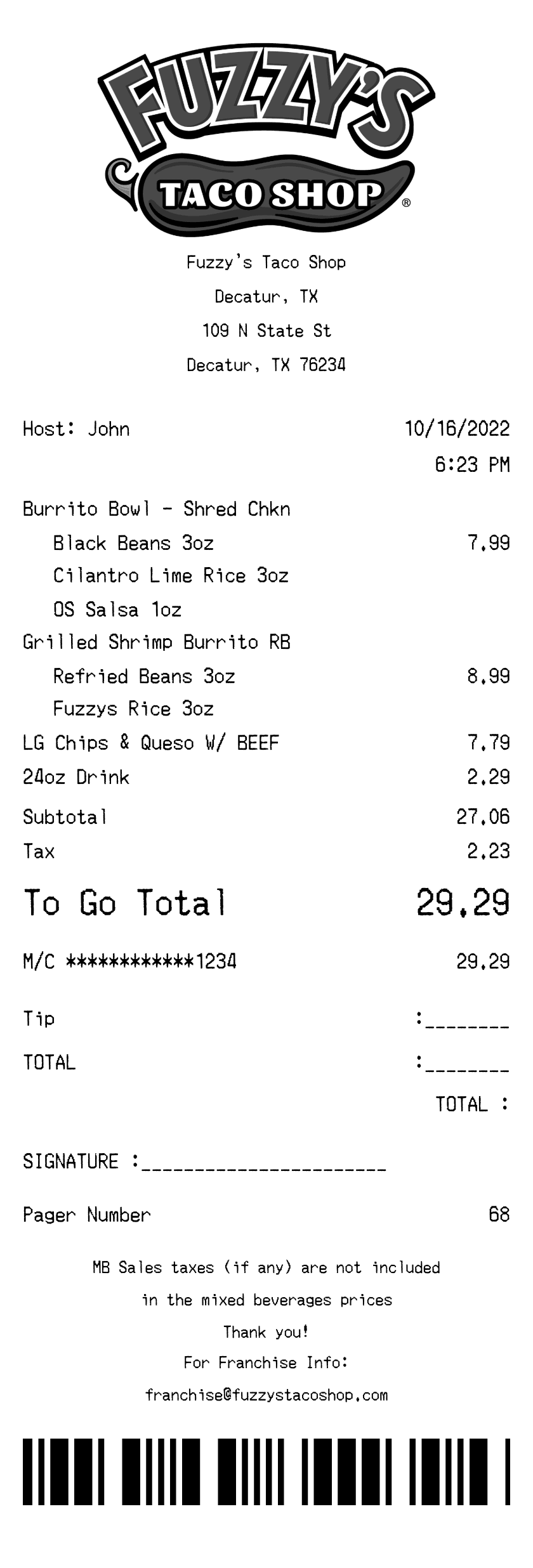 Editable Fuzzy's Taco Shop Receipt template preview, free receipt generator