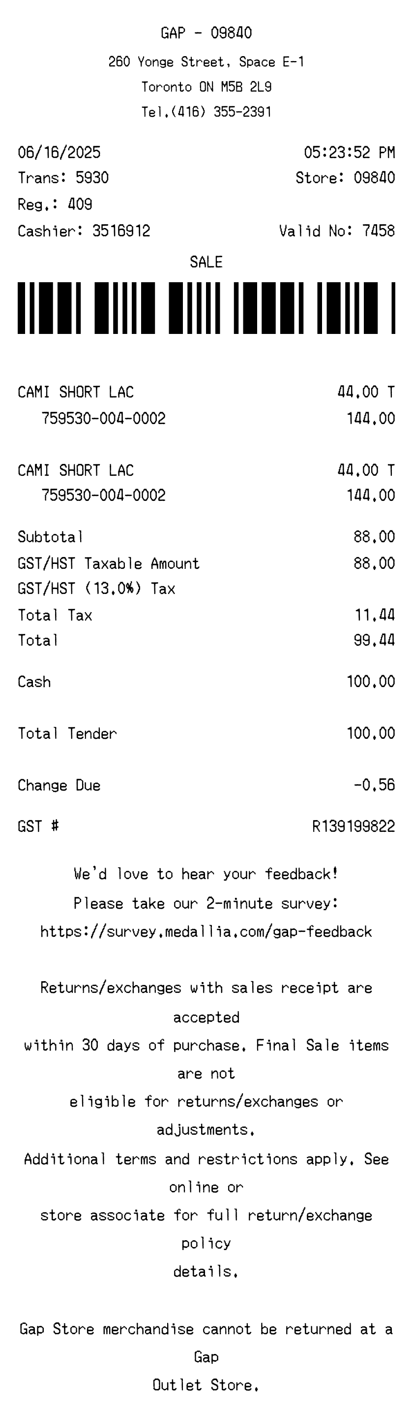 Editable Gap Receipt template preview, free receipt generator