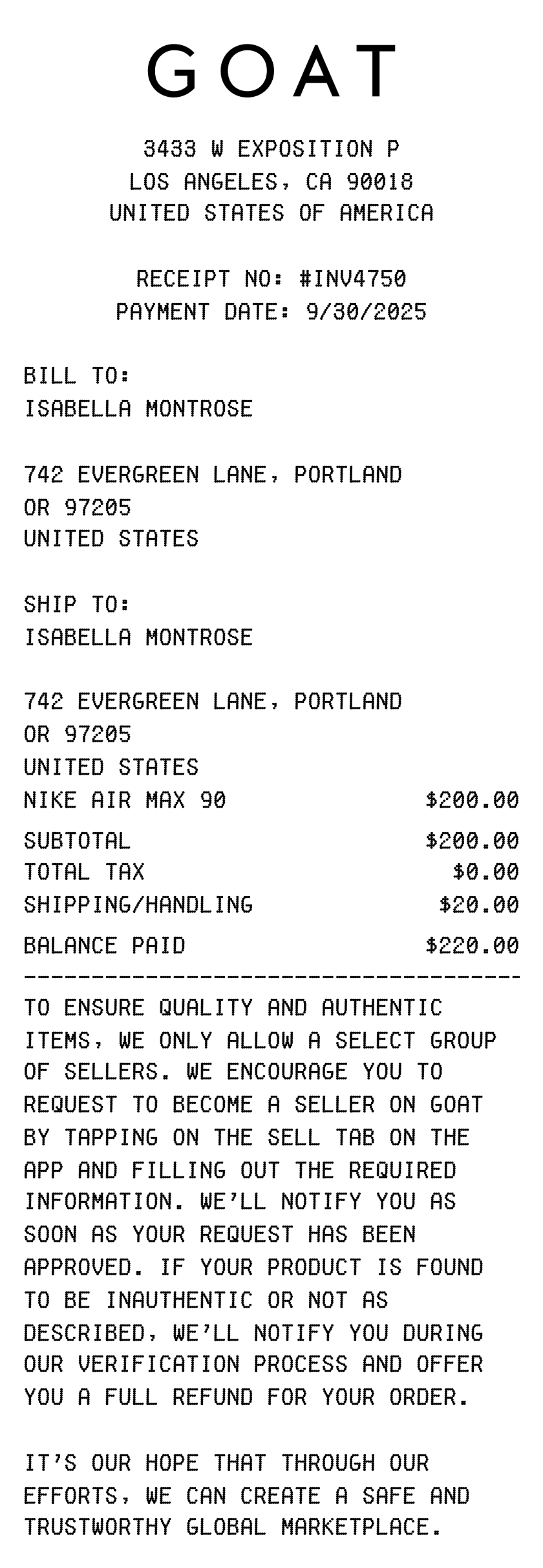 Editable GOAT Receipt template preview, free receipt generator