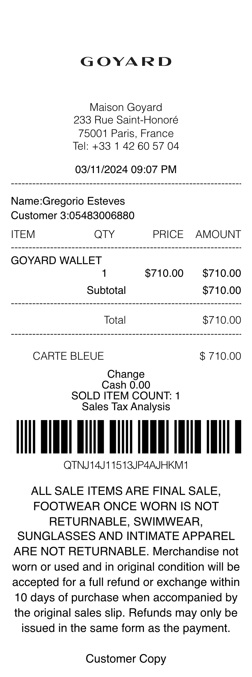 Editable Goyard Receipt template preview, free receipt generator