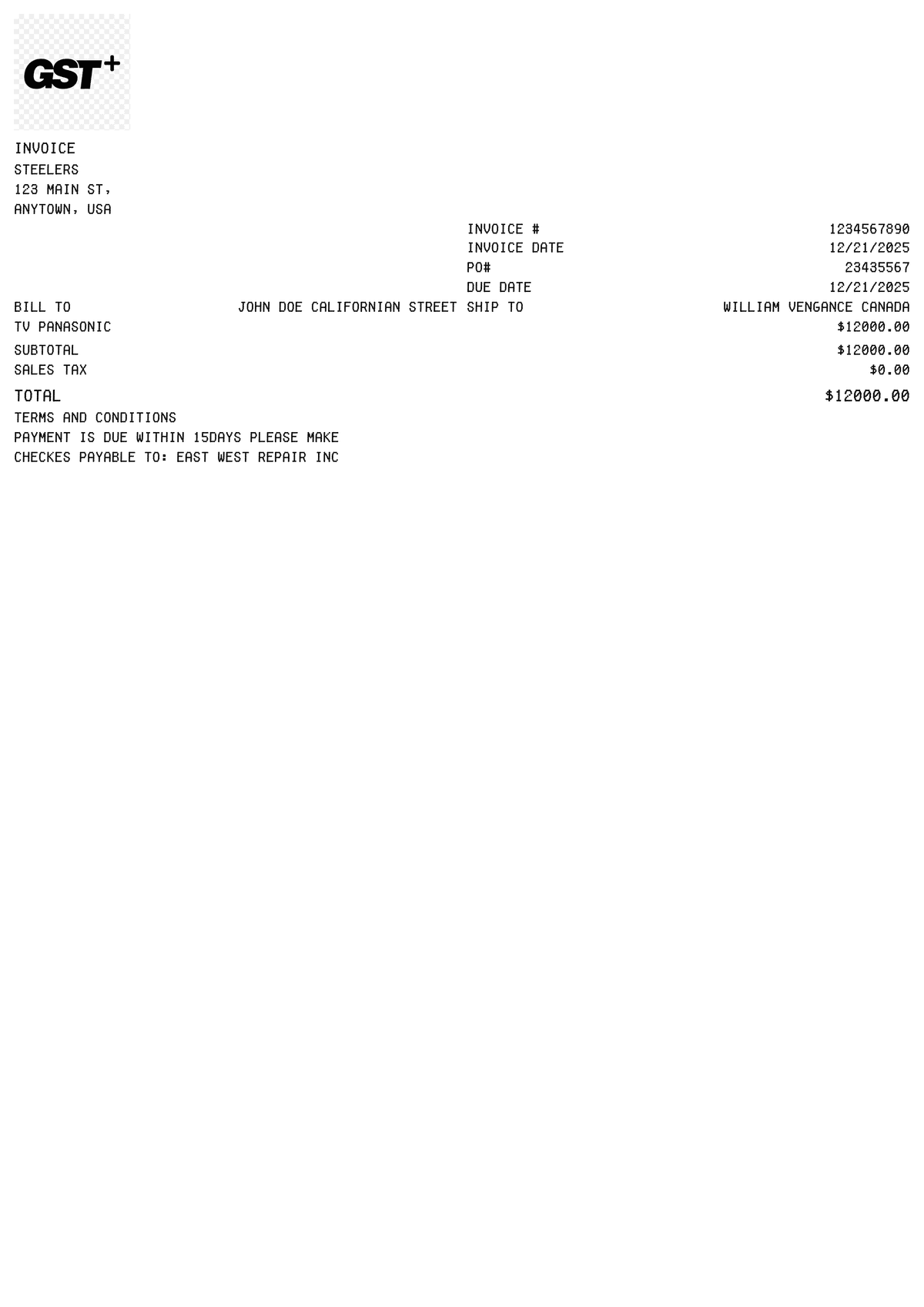 Editable GST Invoice template preview, free receipt generator