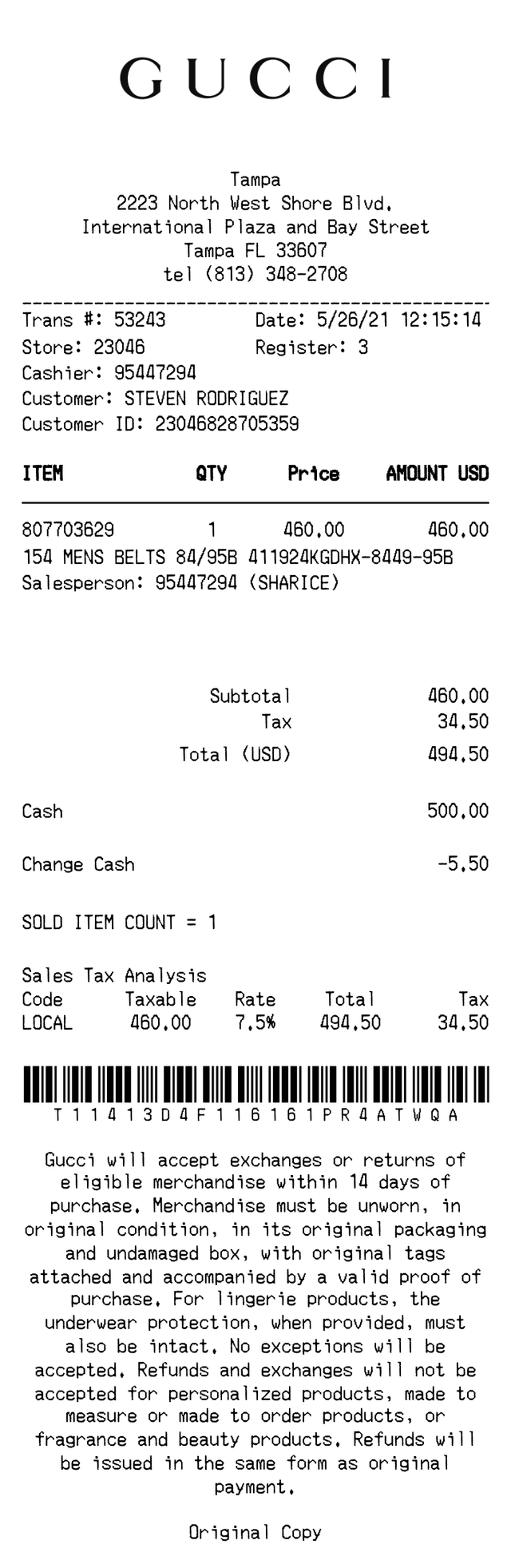 Editable Gucci Receipt template preview, free receipt generator