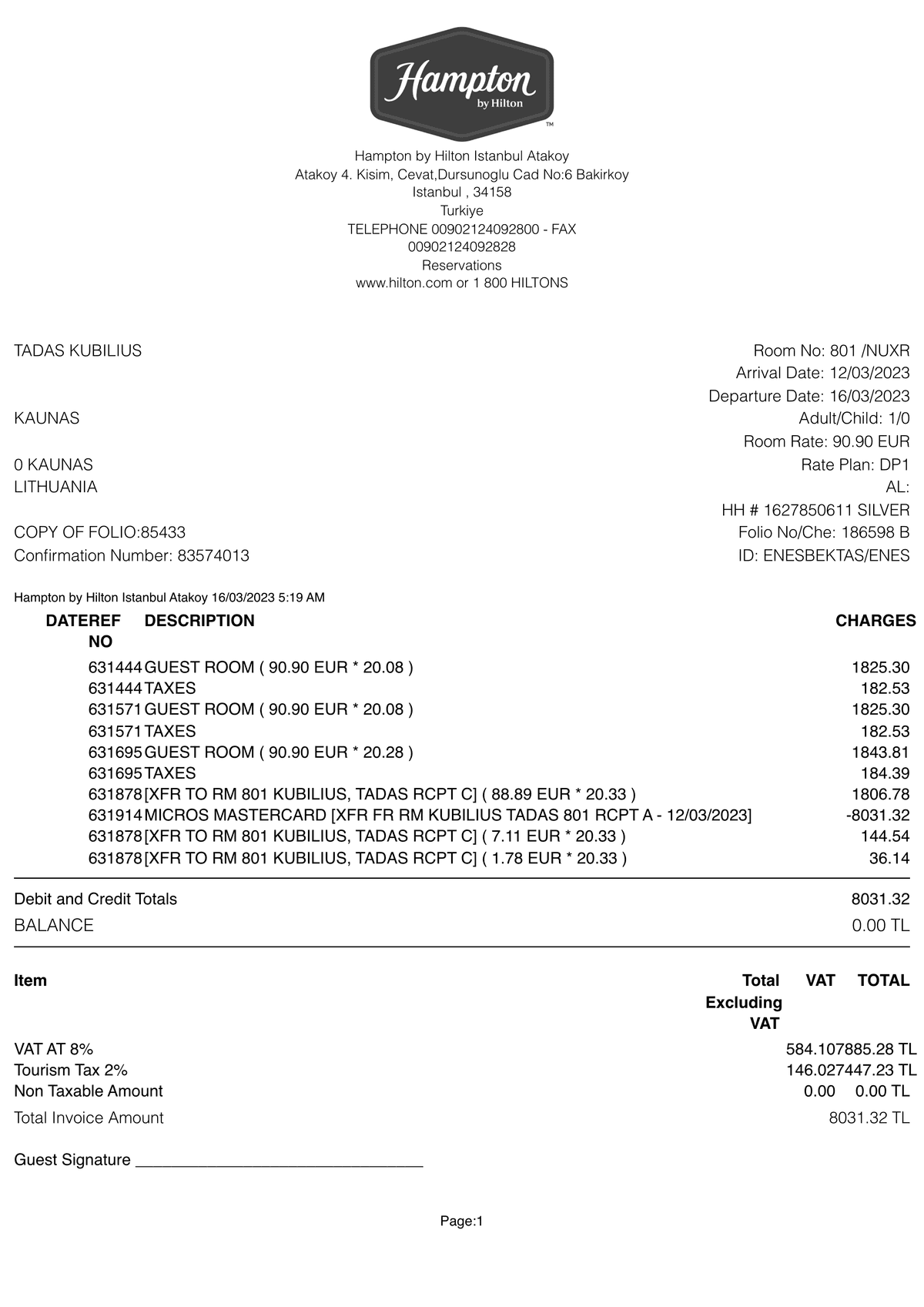 Editable Hampton Inn Receipt template preview, free receipt generator