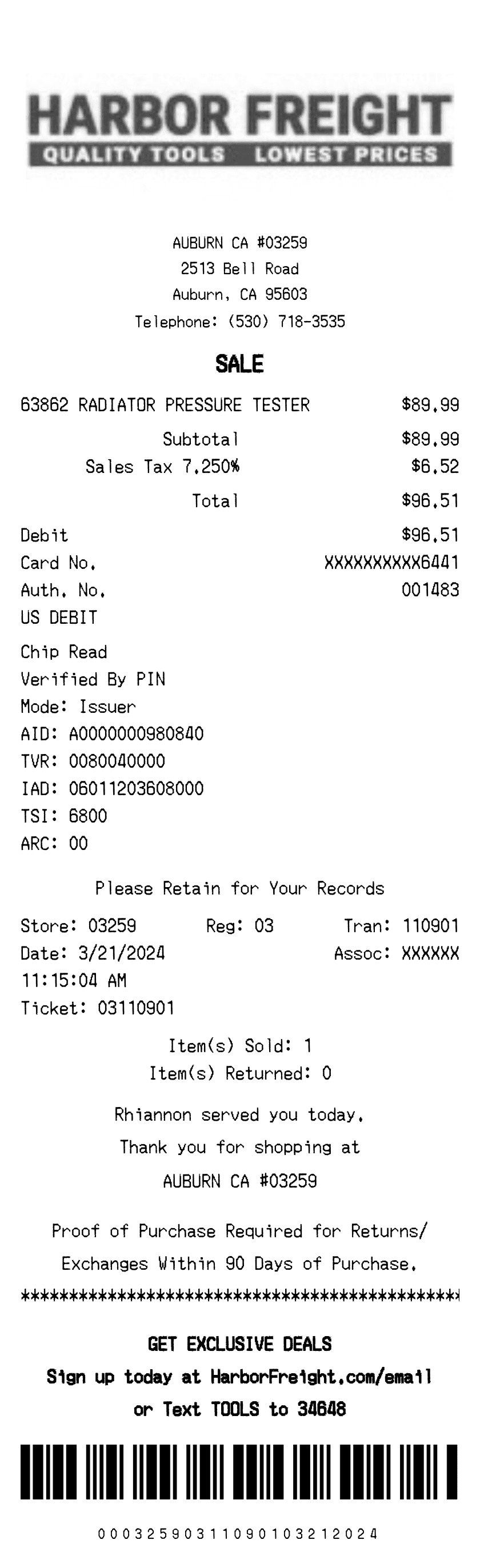 Editable Harbor Freight Receipt template preview, free receipt generator