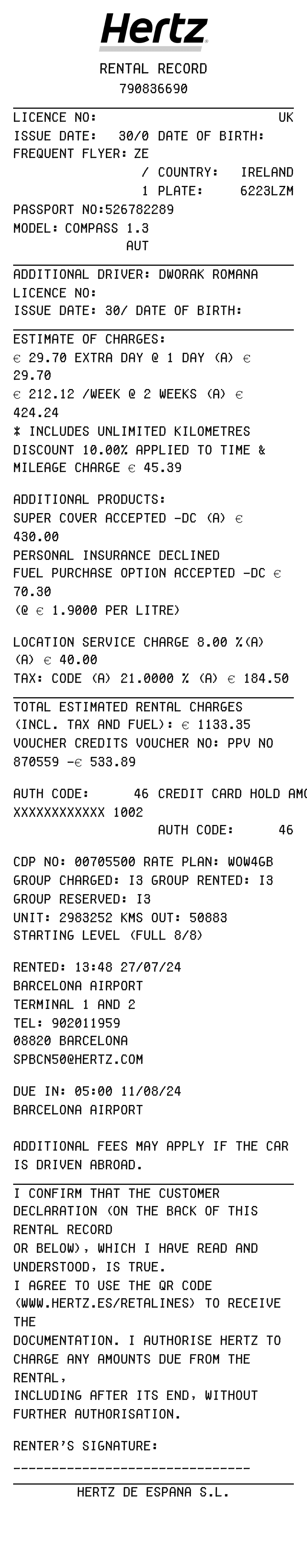 Editable Hertz Receipt template preview, free receipt generator