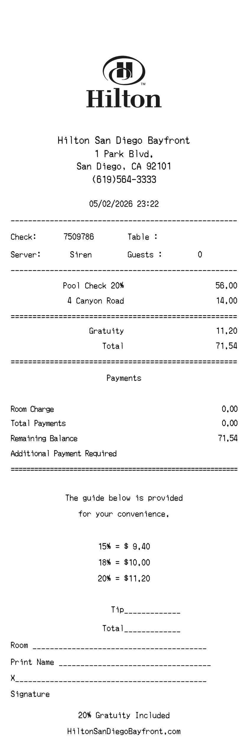 AI-generated Hilton hotel folio receipt