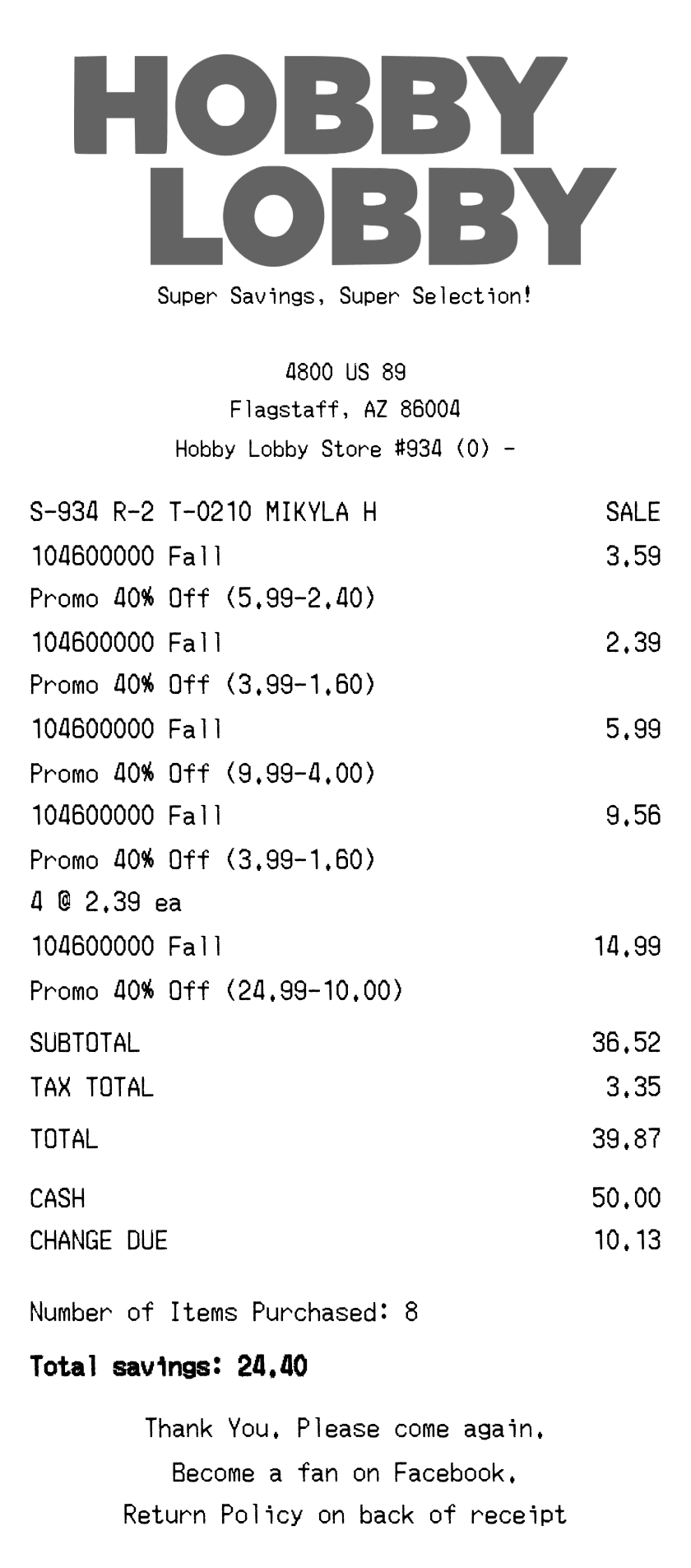 Editable Hobby Lobby Receipt template preview, free receipt generator