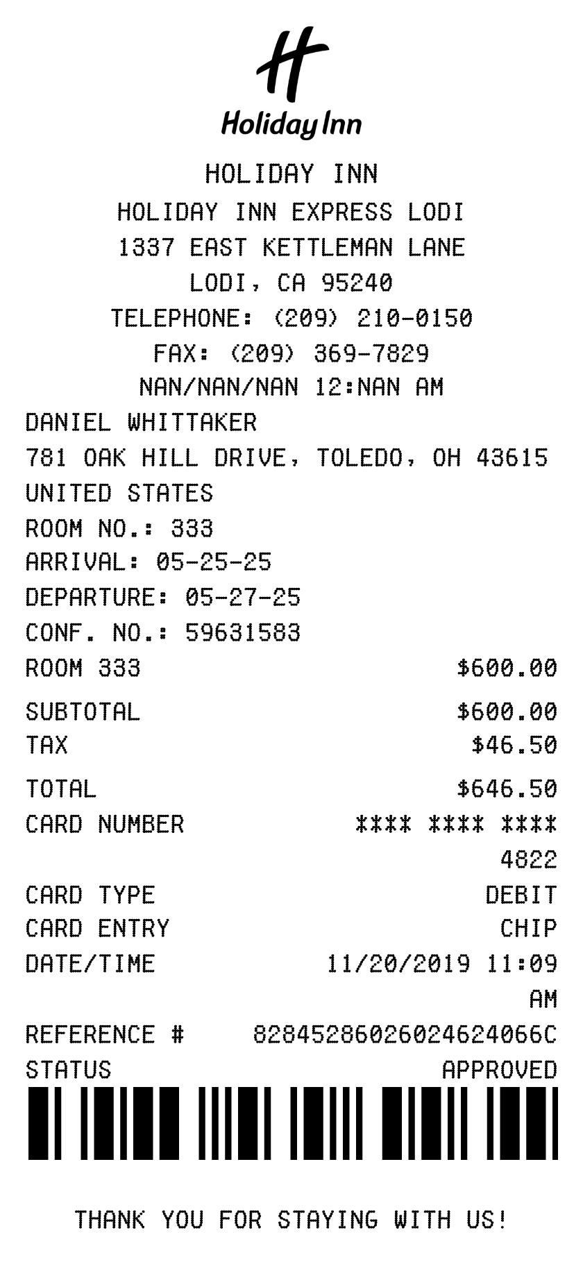 Editable Holiday Inn Receipt template preview, free receipt generator