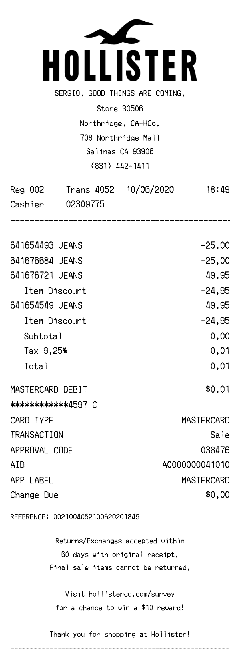 Editable Hollister Receipt template preview, free receipt generator