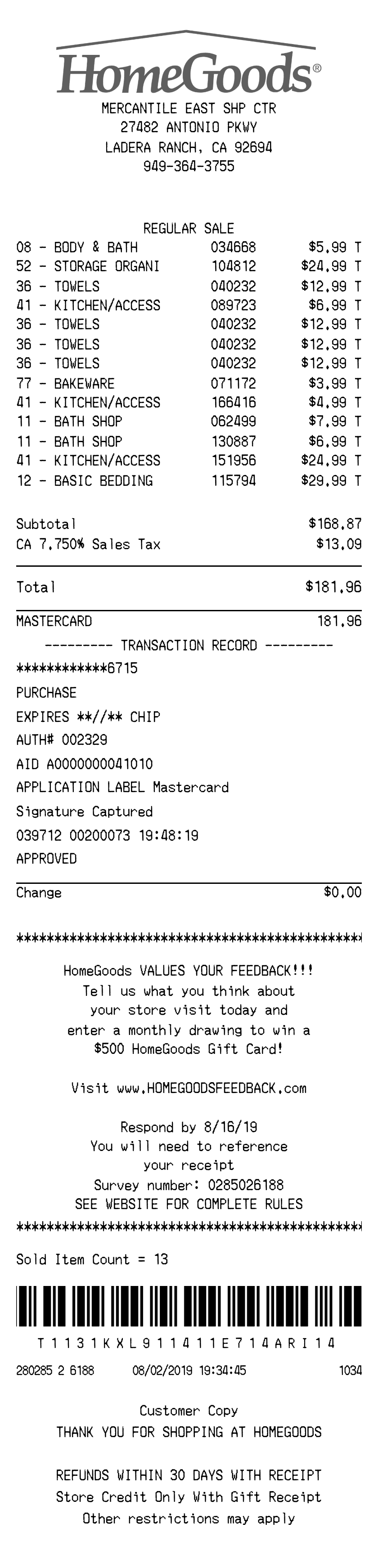 Editable Home Goods Receipt template preview, free receipt generator