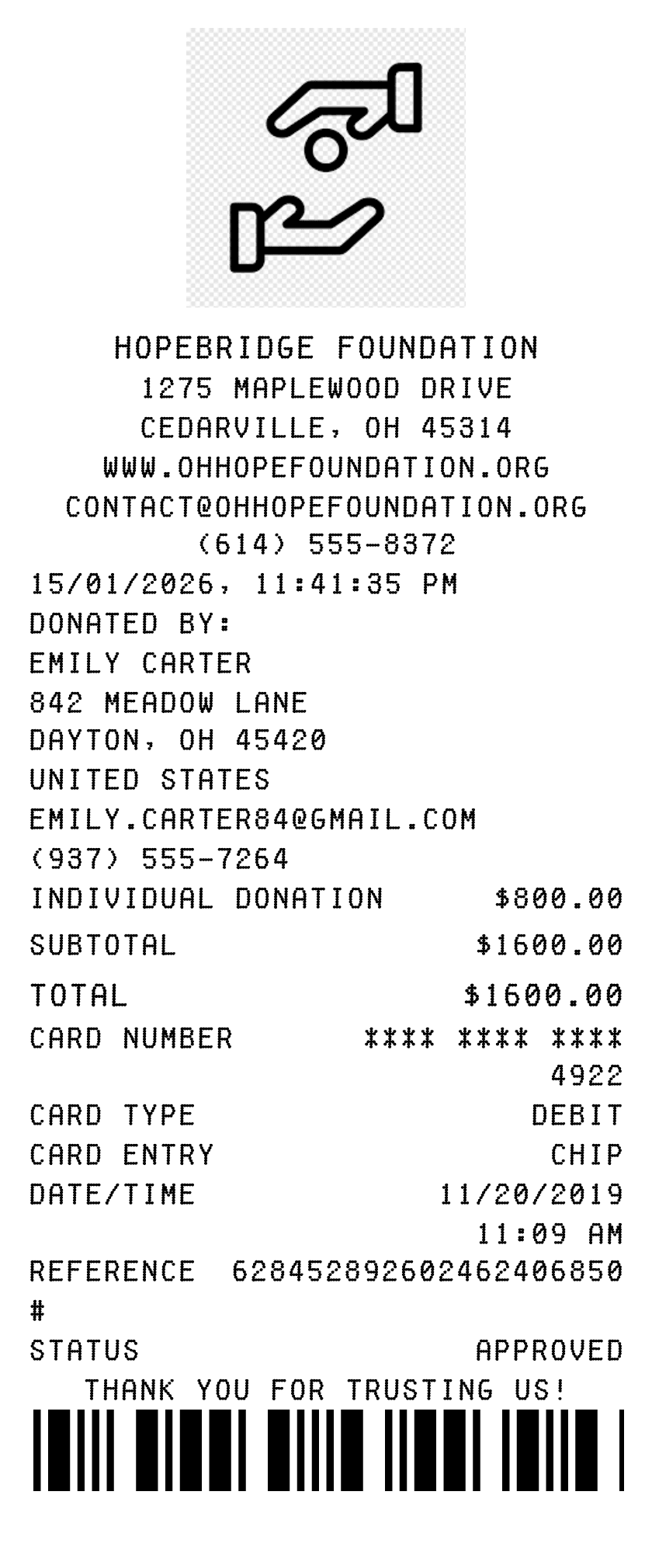 Editable HopeBridge Foundation Receipt template preview, free receipt generator