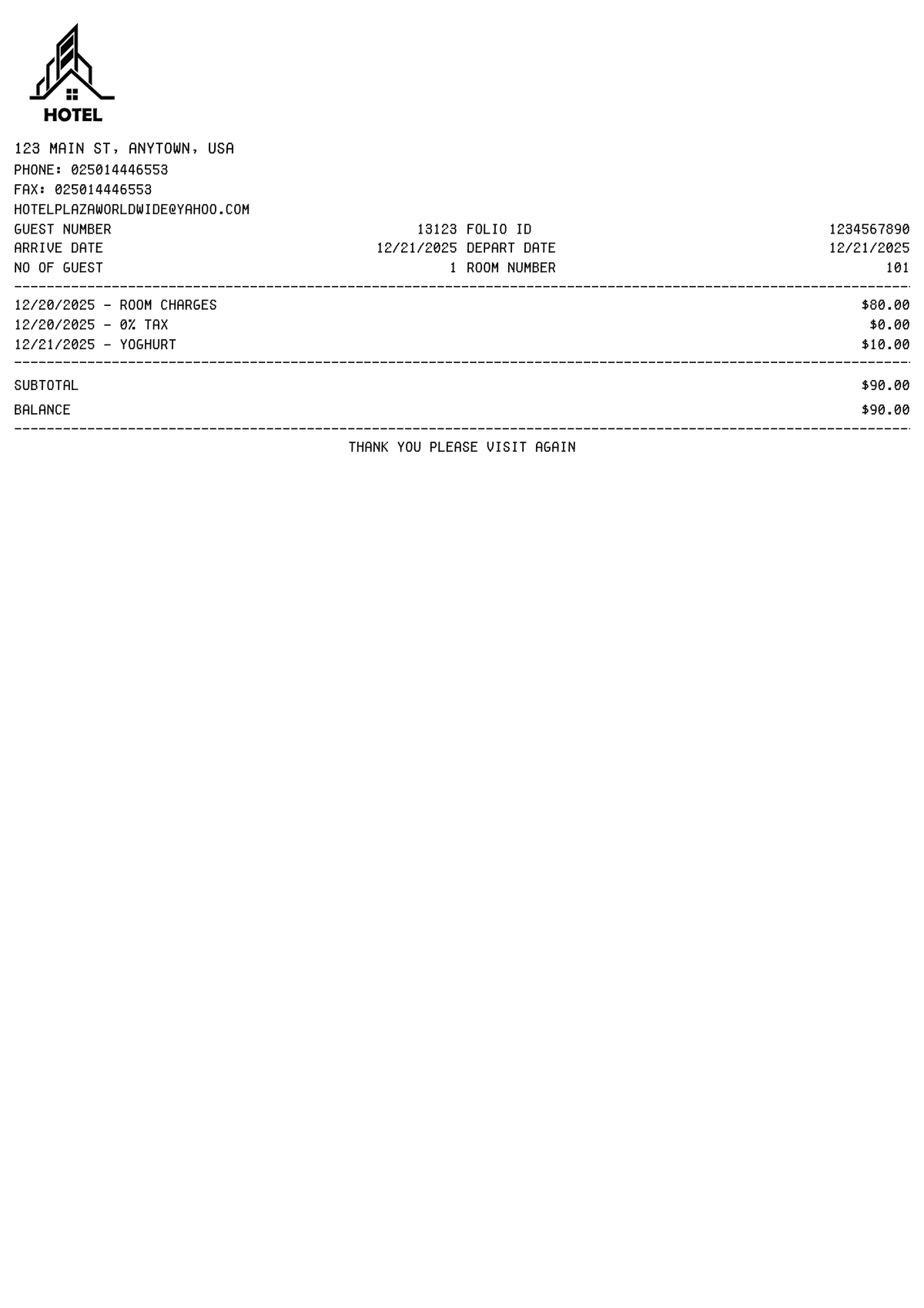 Editable Hotel Room Receipt template preview, free receipt generator