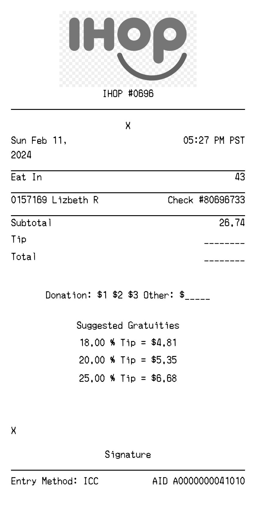 Editable IHOP Receipt template preview, free receipt generator