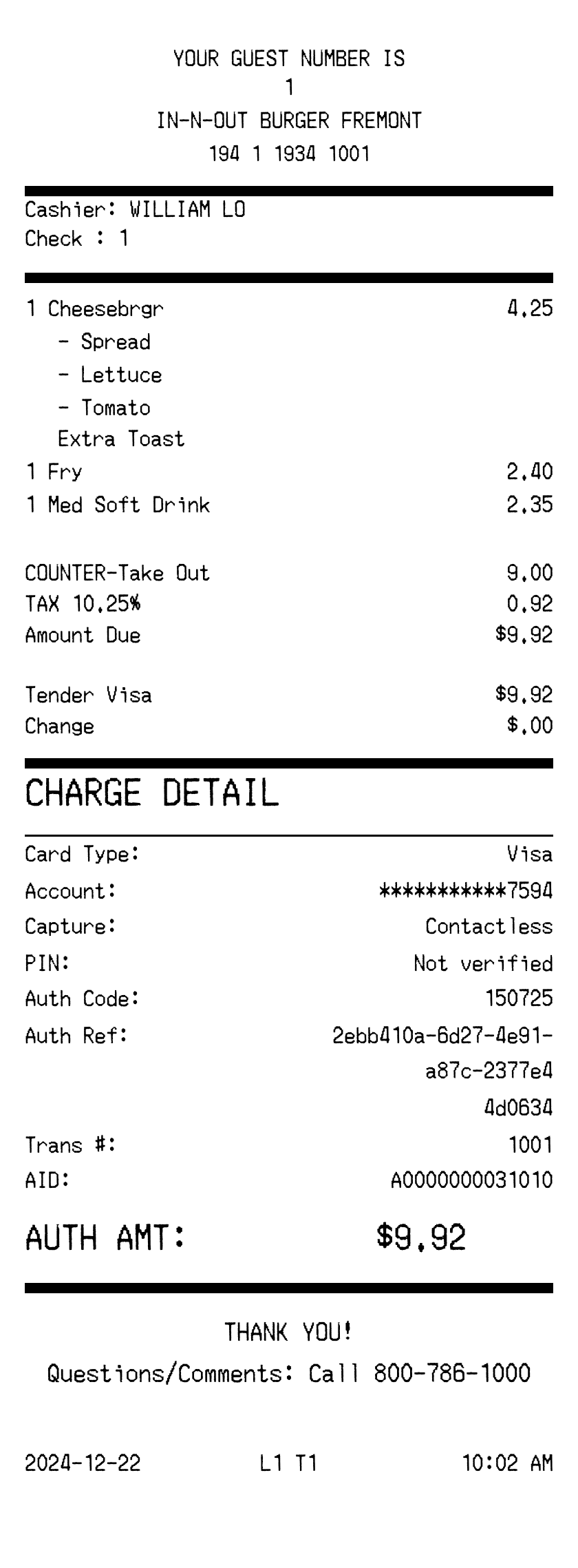 Editable In-N-Out Receipt template preview, free receipt generator