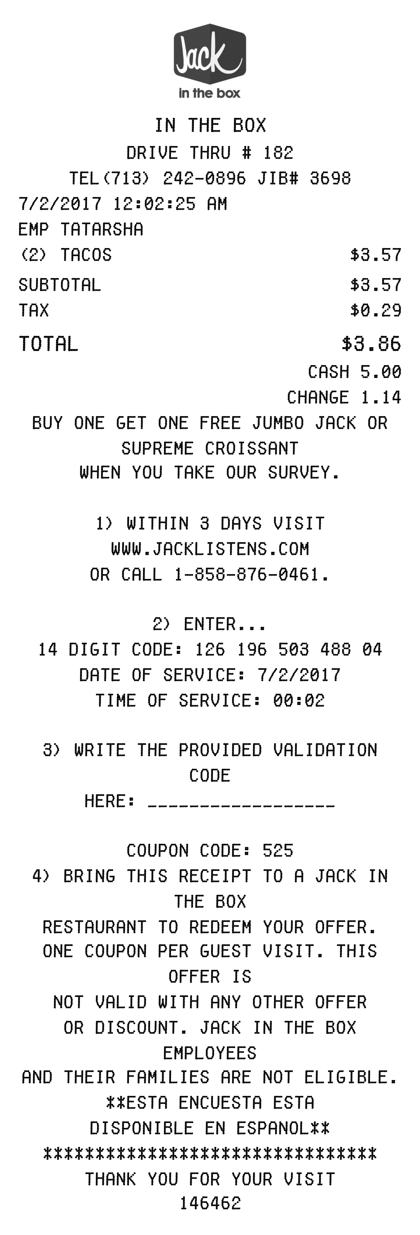 Editable Jack in the Box Receipt template preview, free receipt generator