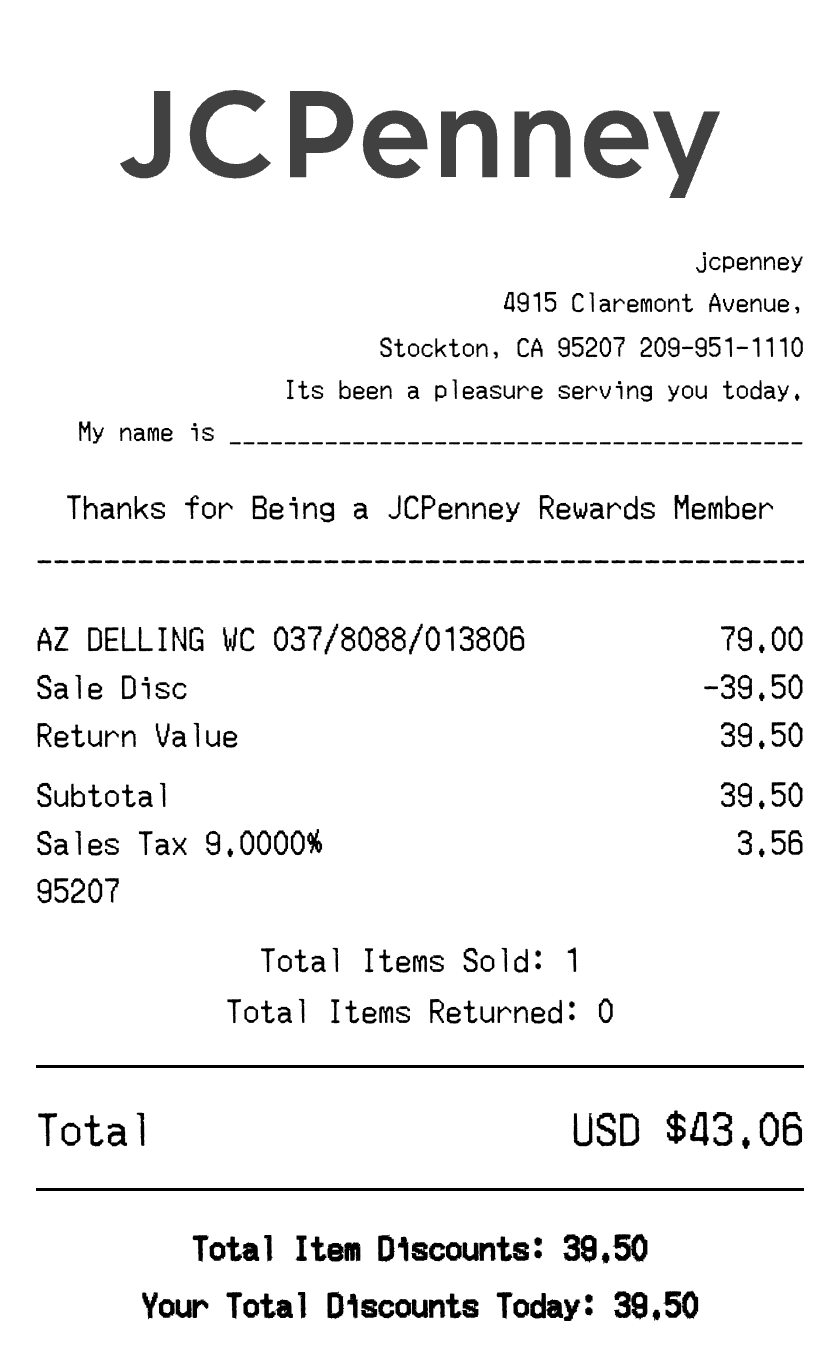 Editable JCPenney Receipt template preview, free receipt generator