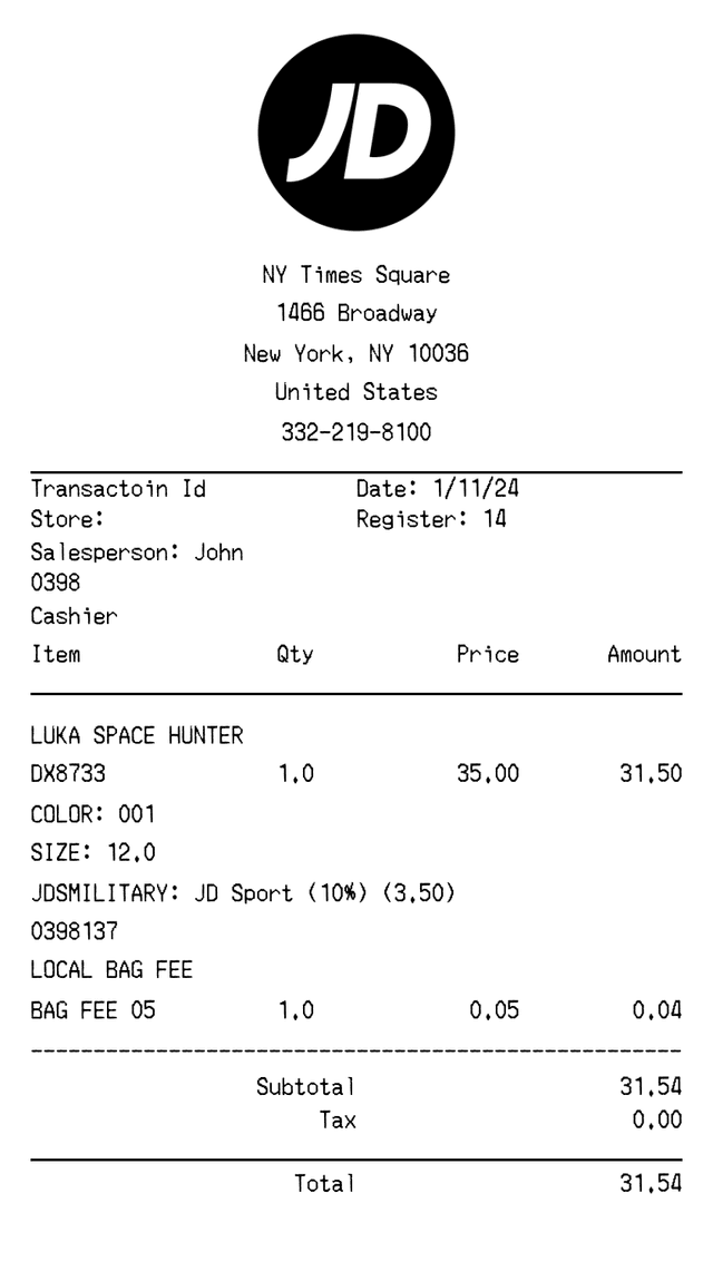 Editable JD Sports Receipt template preview, free receipt generator