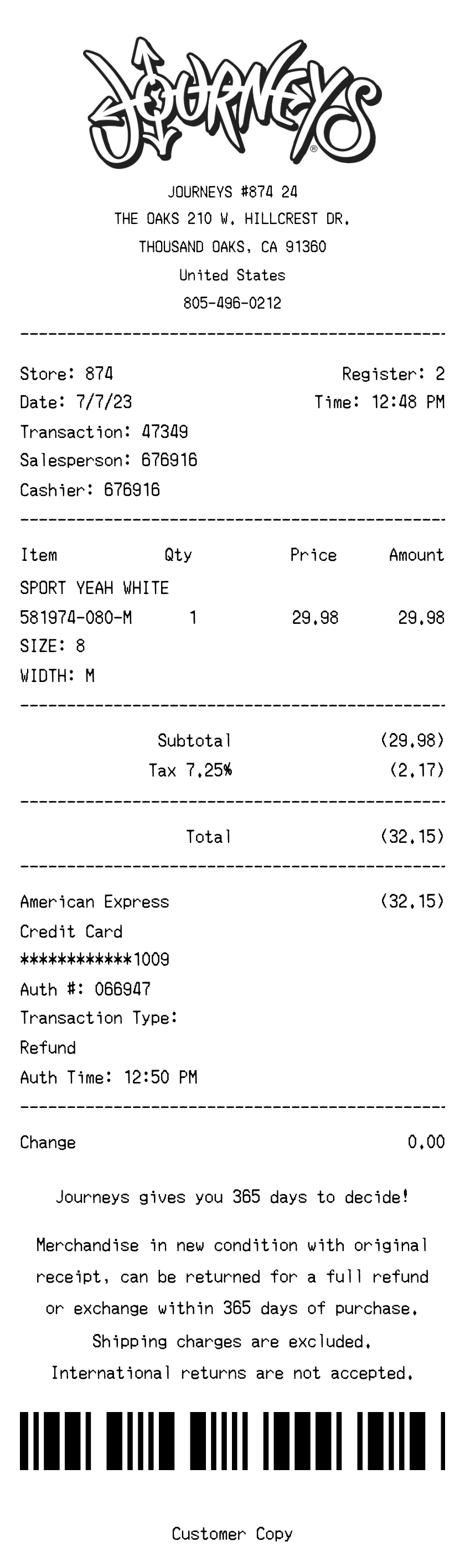 Editable Journeys Receipt template preview, free receipt generator