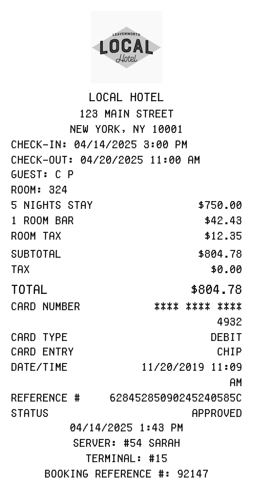 Editable Local Hotel Receipt template preview, free receipt generator