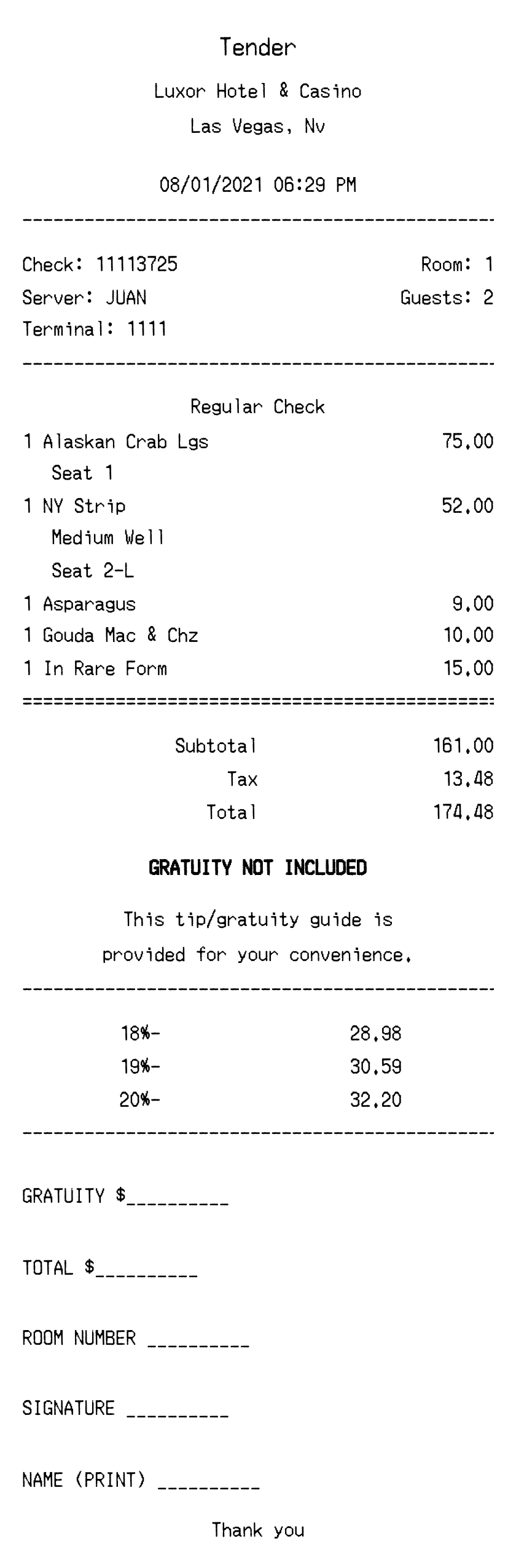 Editable Luxor Hotel Receipt template preview, free receipt generator