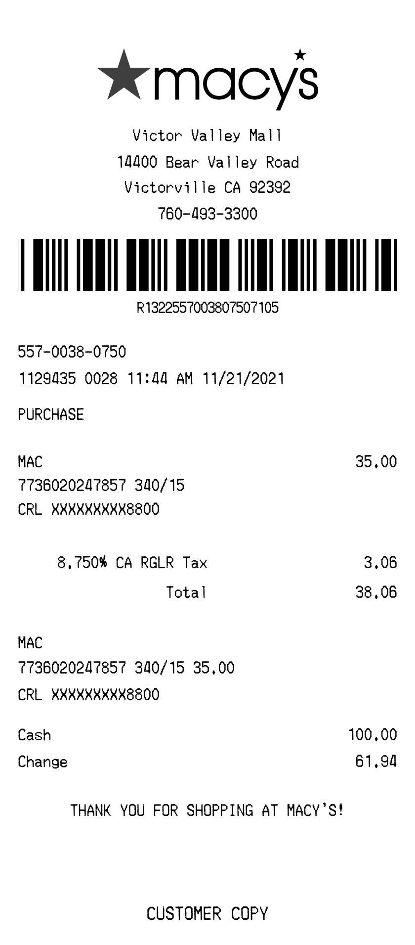 Editable Macy's Receipt template preview, free receipt generator