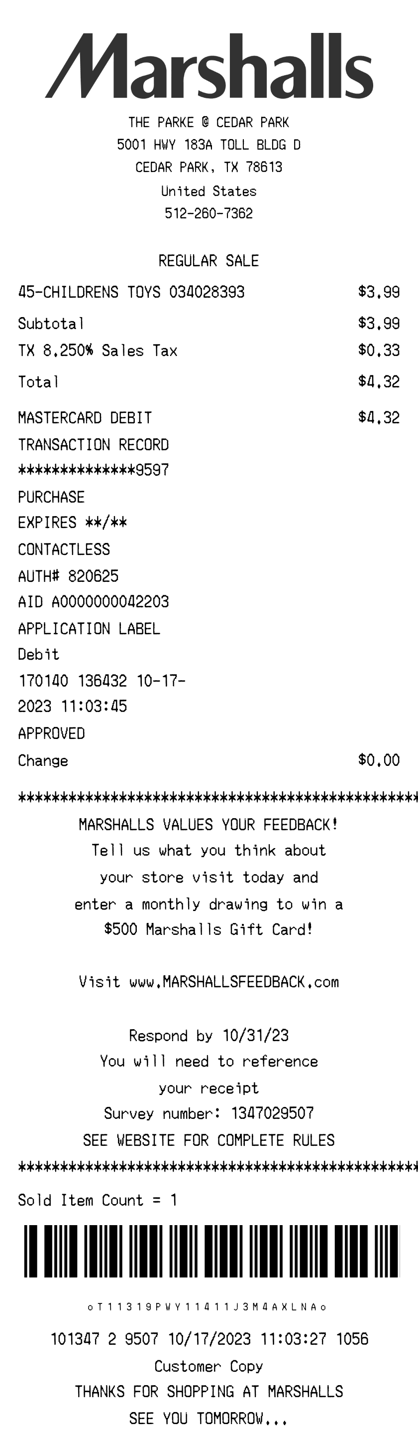 Editable Marshalls Receipt template preview, free receipt generator