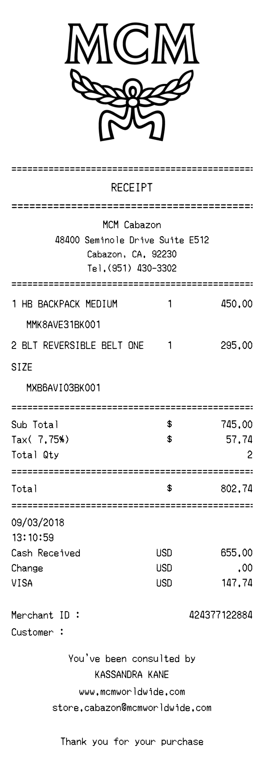 Editable MCM Receipt template preview, free receipt generator