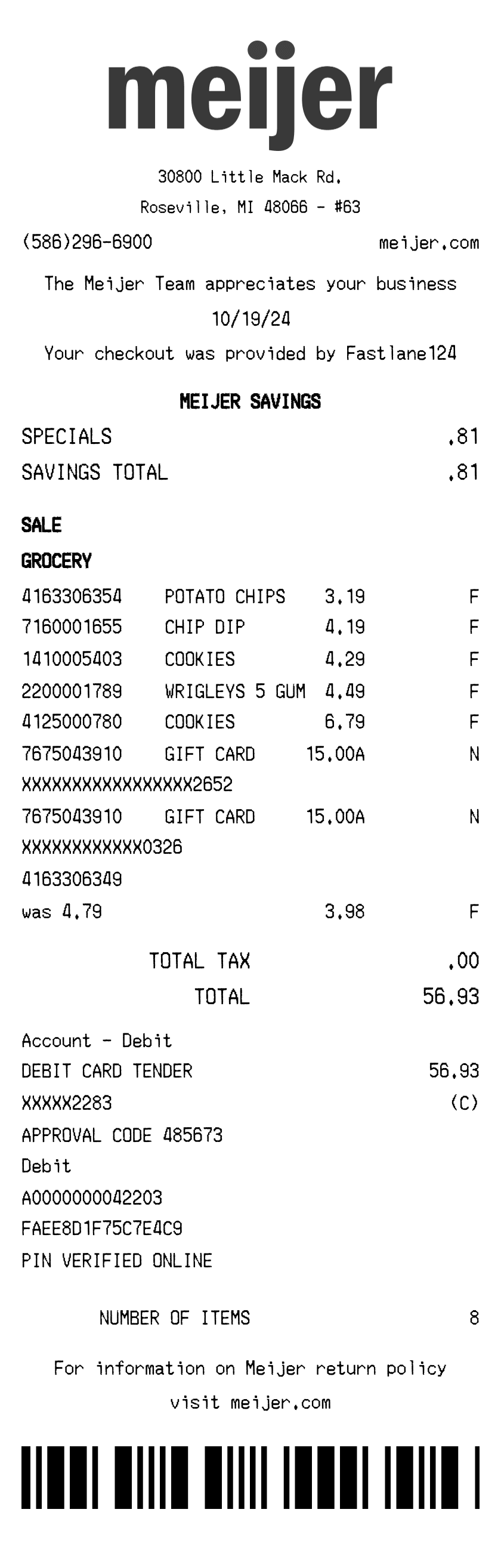 Editable Meijer Receipt template preview, free receipt generator
