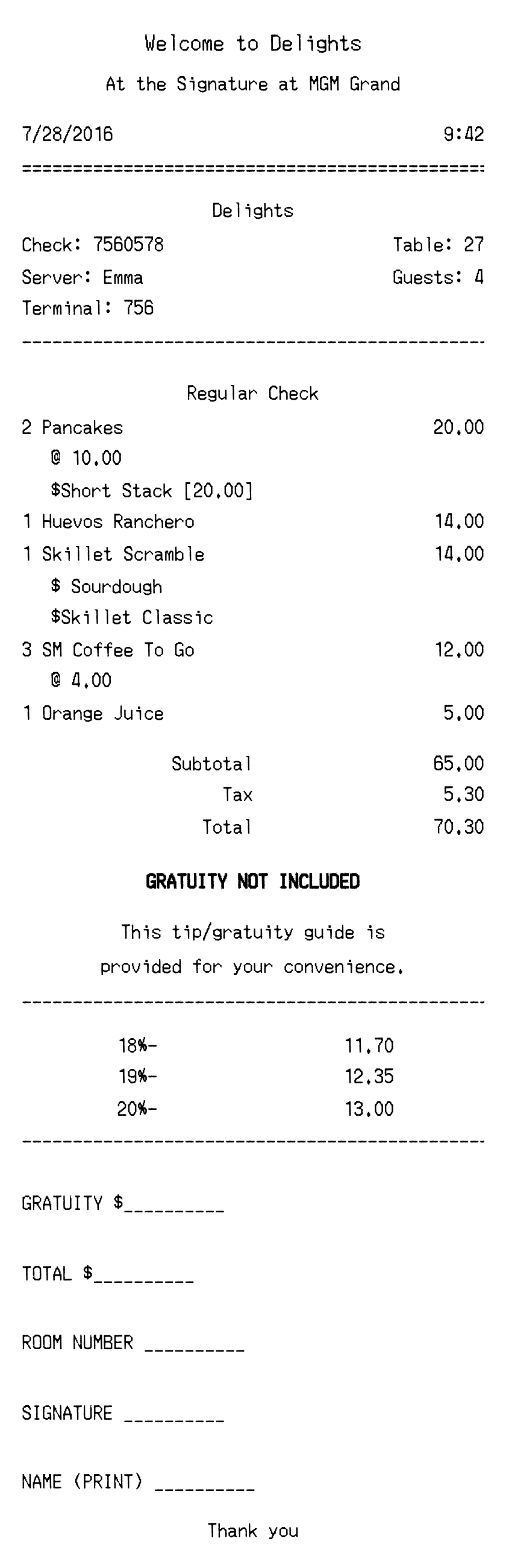 Editable MGM Grand Hotel Receipt template preview, free receipt generator