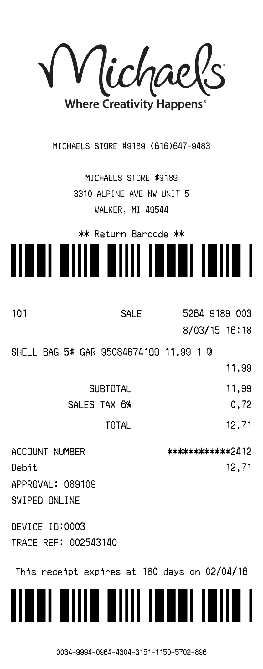 Editable Michaels Receipt template preview, free receipt generator