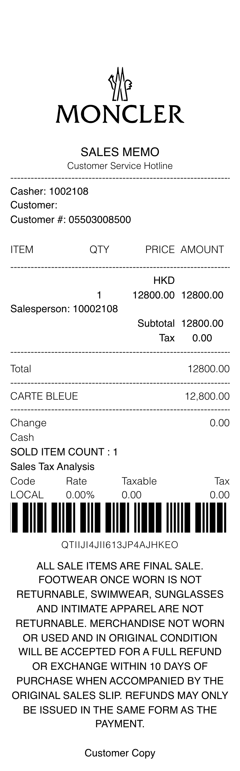 Editable Moncler Receipt template preview, free receipt generator