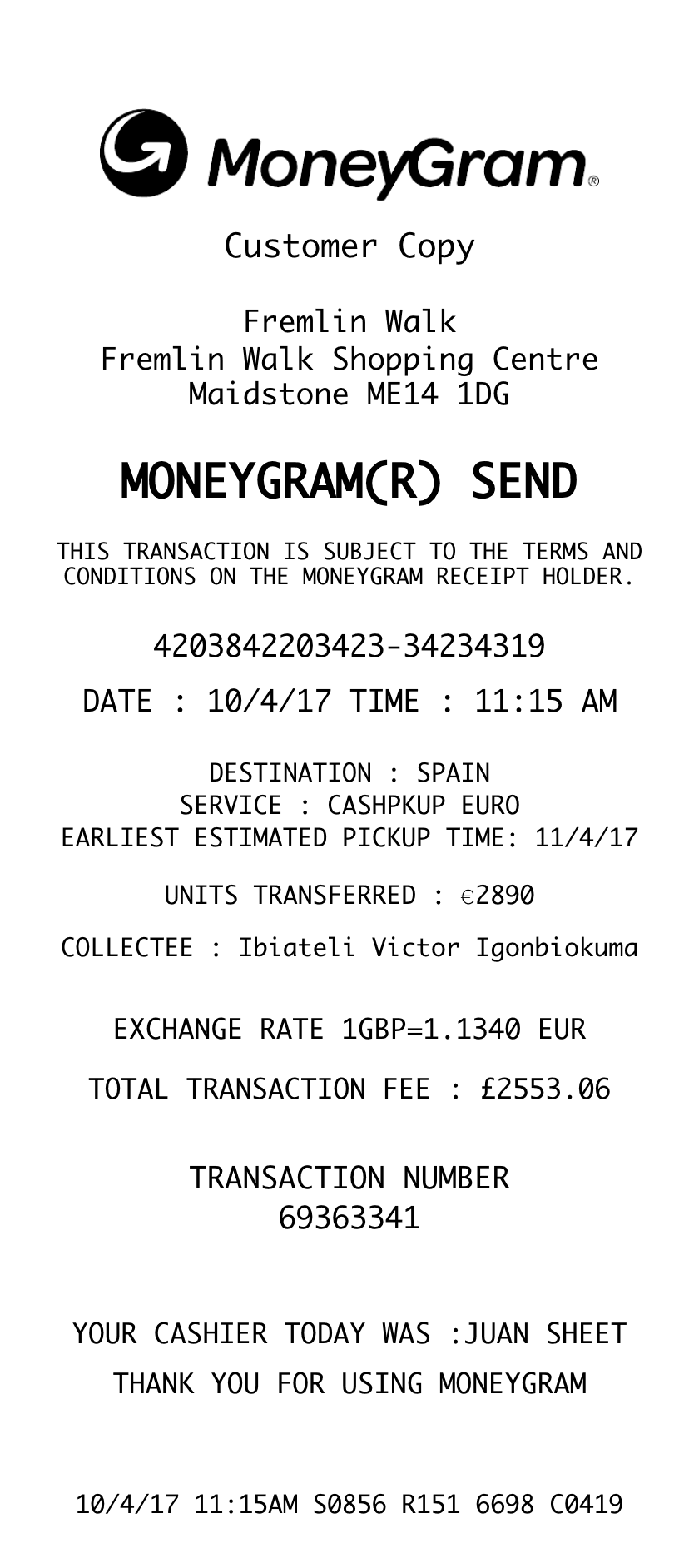Editable MoneyGram Receipt template preview, free receipt generator