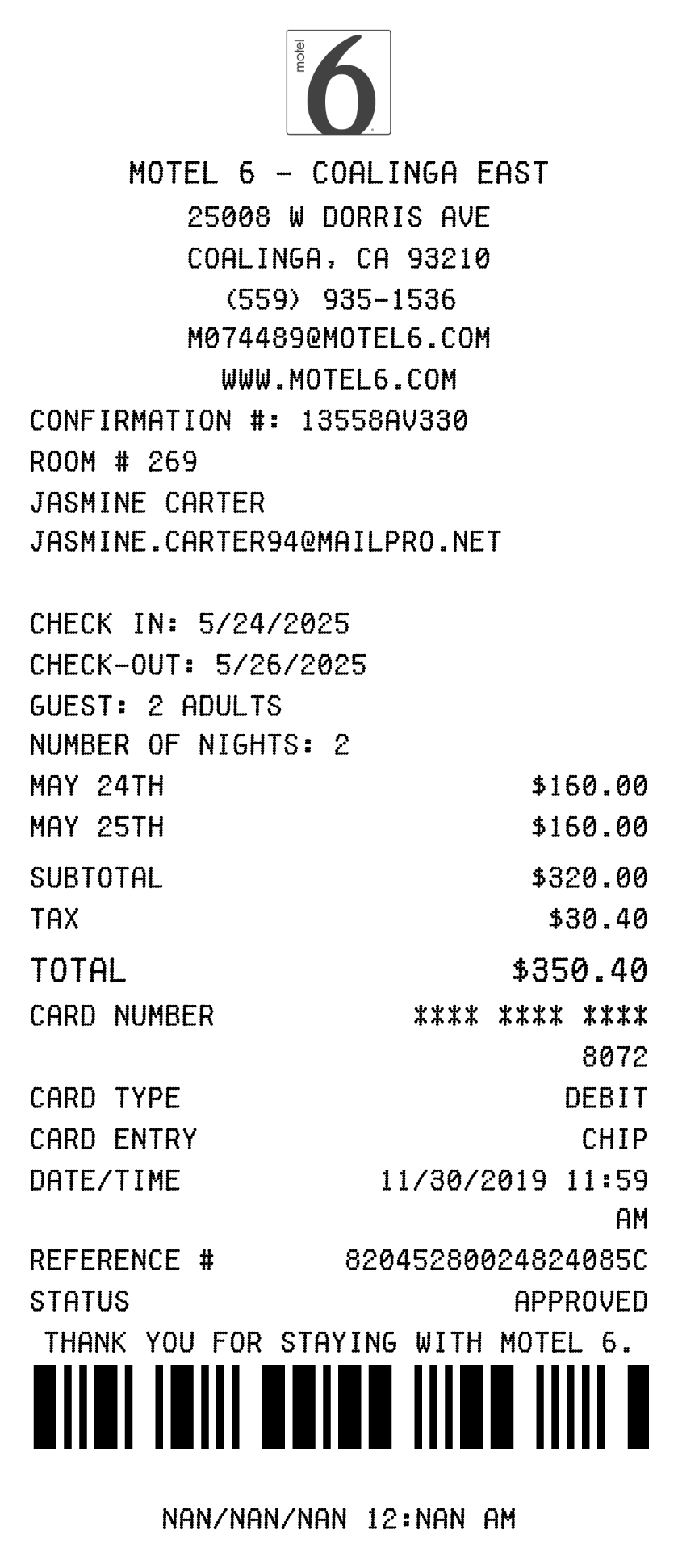 Editable Motel 6 Receipt template preview, free receipt generator