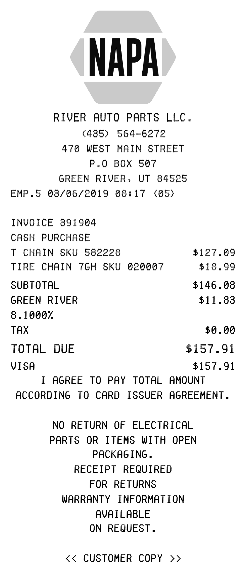 Editable NAPA Auto Parts Receipt template preview, free receipt generator