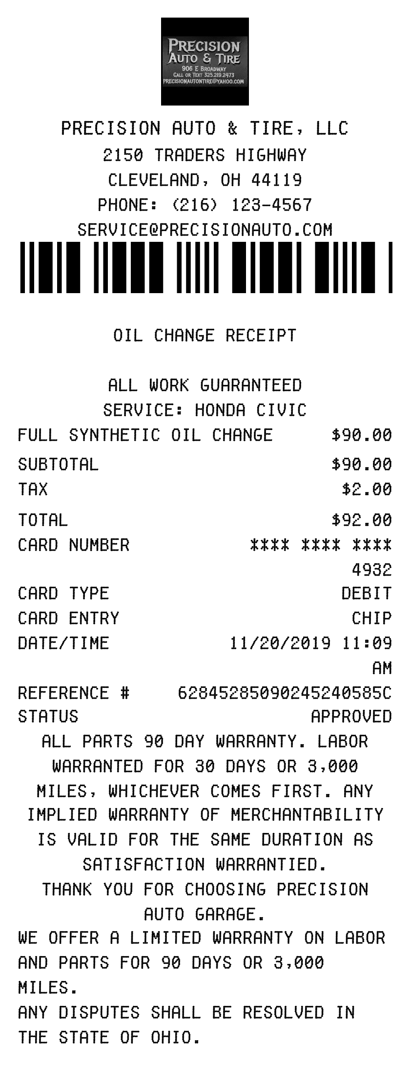 Editable Oil Change Receipt template preview, free receipt generator