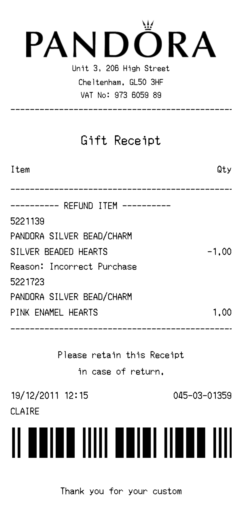 Editable Pandora Receipt template preview, free receipt generator