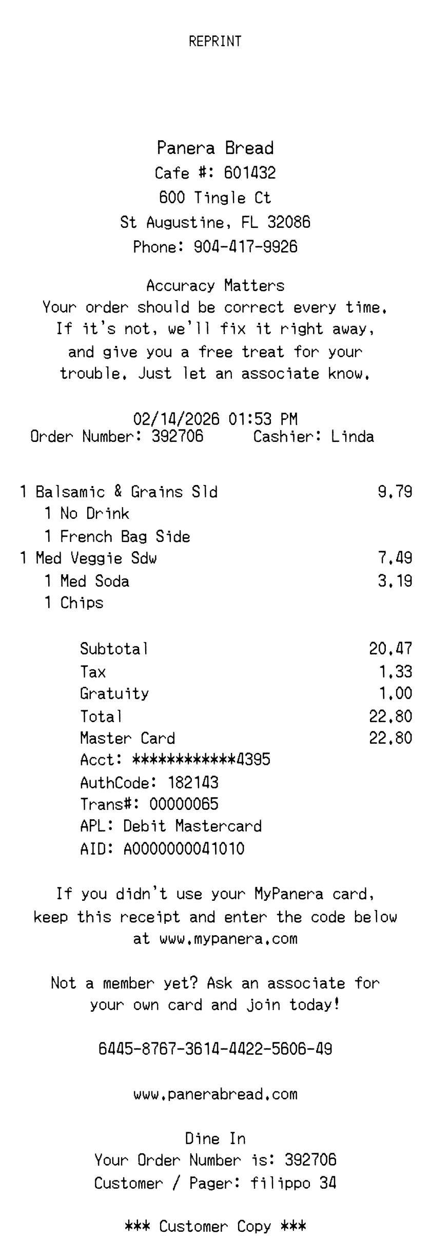 Editable Panera Bread Receipt template preview, free receipt generator