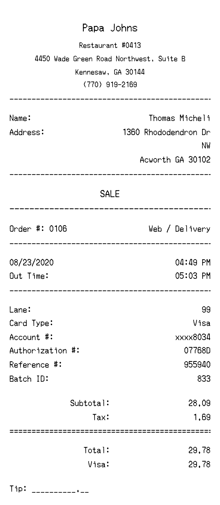 Editable Papa Johns Receipt template preview, free receipt generator