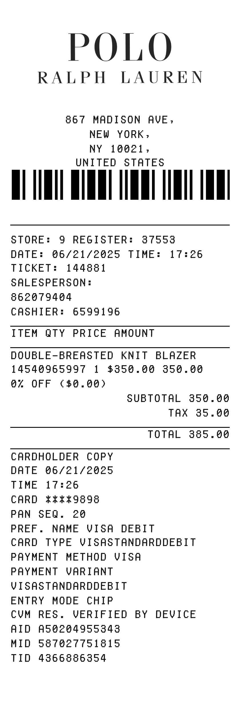 Editable Polo Ralph Lauren Receipt template preview, free receipt generator