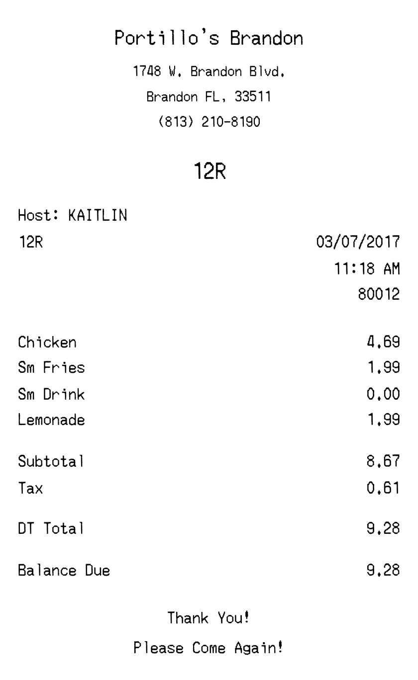 Editable Portillo's Receipt template preview, free receipt generator