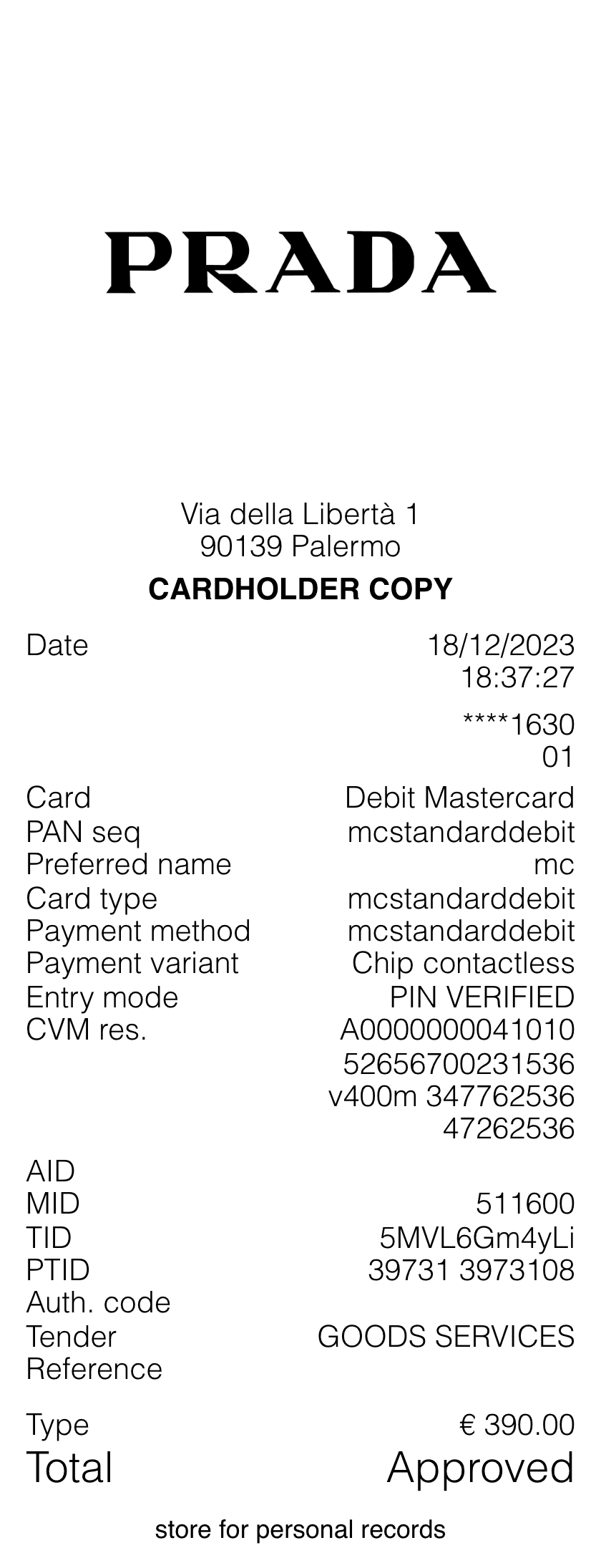 Editable Prada Receipt template preview, free receipt generator